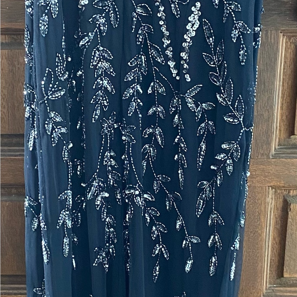 MARINA Midnight Blue Gown with Silver Beaded Leaf Design - Picture 8 of 8